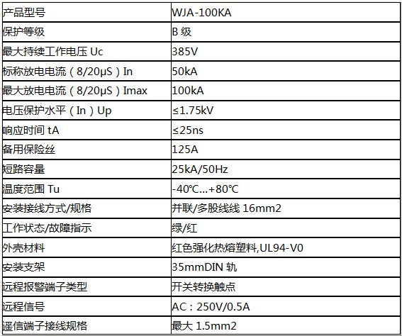 三相開關(guān)型浪涌保護(hù)器100KA(一級)技術(shù)參數(shù)